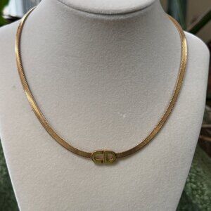 Vintage Christian Dior Gold Plated CD Logo Choker Necklace Mesh Chain
